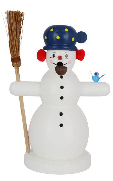 Smoking man snowman with broom and bird, 15 cm, colored by Richard Glässer_1