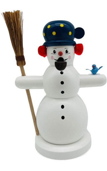 Smoking man snowman with broom and bird, 15 cm, colored by Richard Glässer